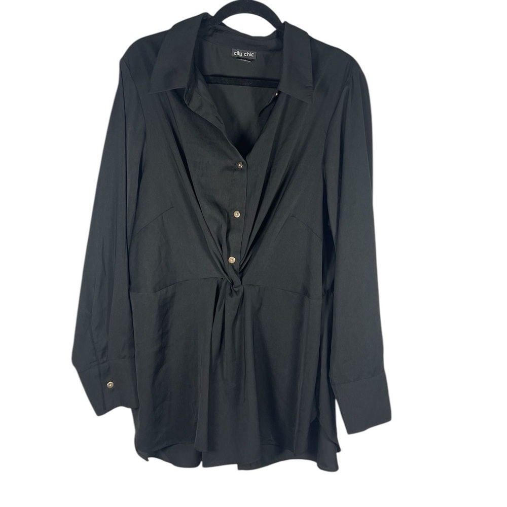 City Chic Black Button Down Long Line Blouse M/18